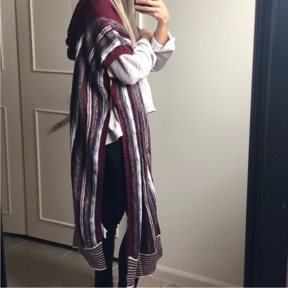 Somedays Lovin maroon white striped lightweight knit open front long cape duster